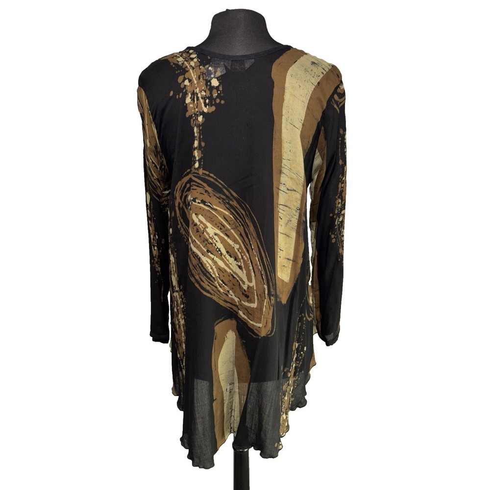 Lyng Button Up Tunic‎ Blouse Size Med Brown Black Abstract Rayon Long Sleeve NWT - Picture 2 of 10